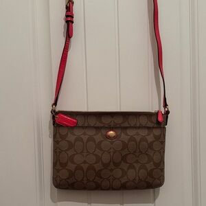 Coach Signature Brown Crossbody with Pink Trim